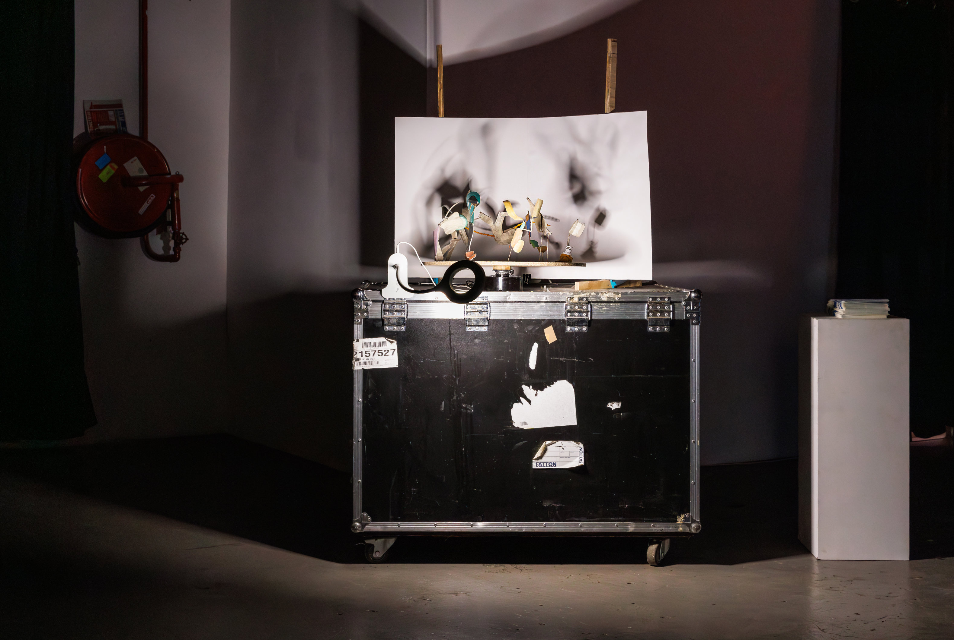 Le Zozotrope, plateau tournant, moteur électrique, lampe, papier, carton, crayons de couleurs, objets trouvés. Dimensions variables. 2025. Photo : Salim Santa Lucia